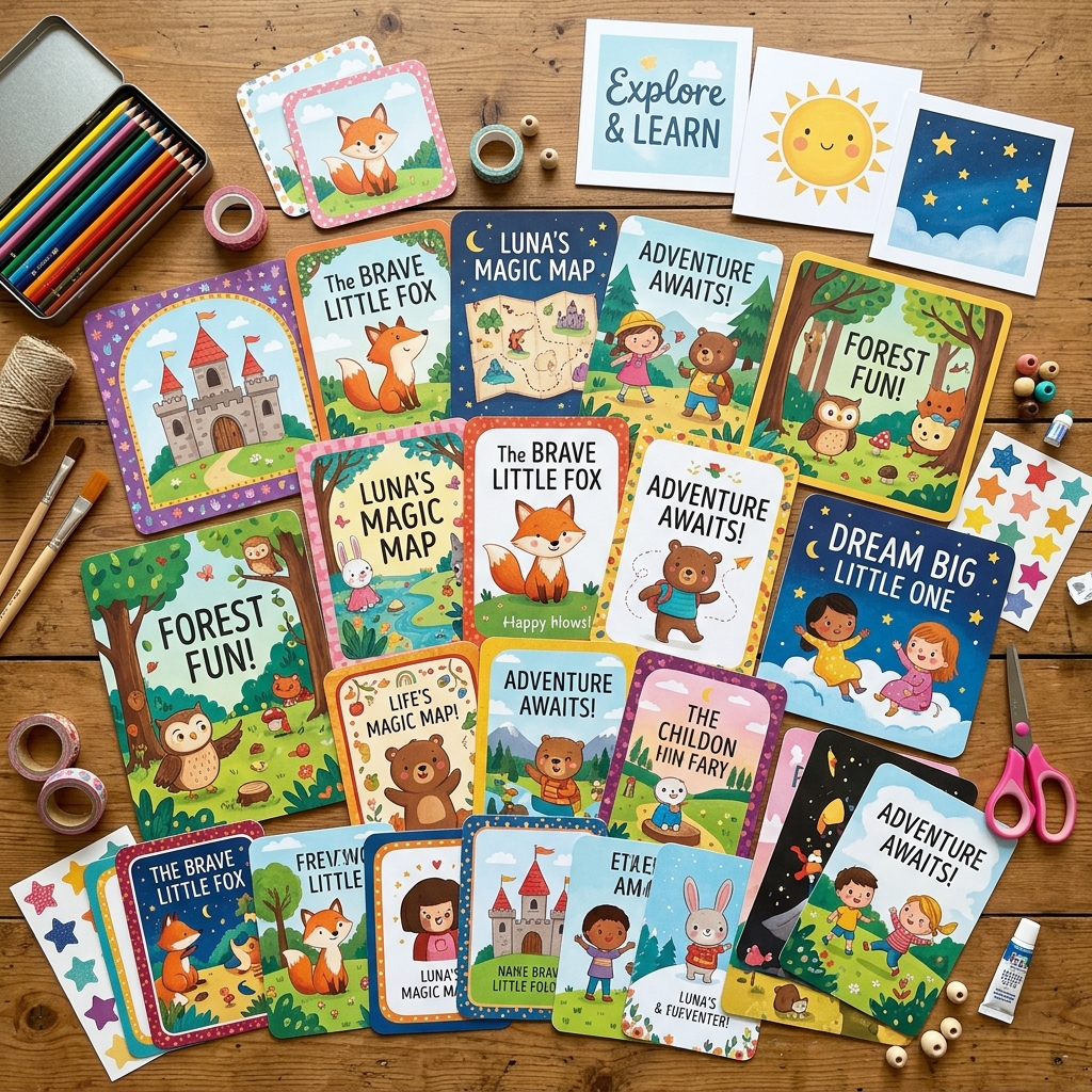 Colorful illustrated story-scene cards and wall art arranged on a table