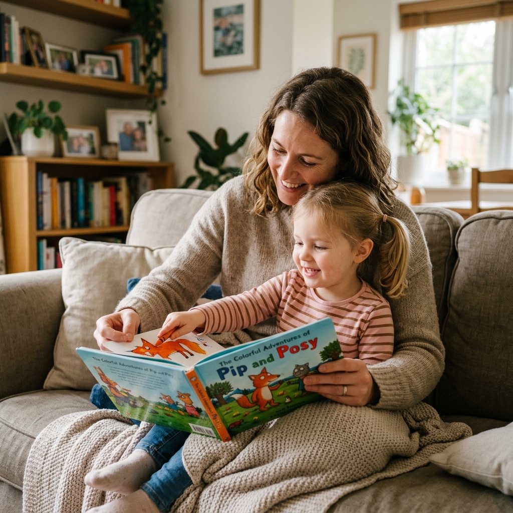 Mother and child reading a colourful storybook together