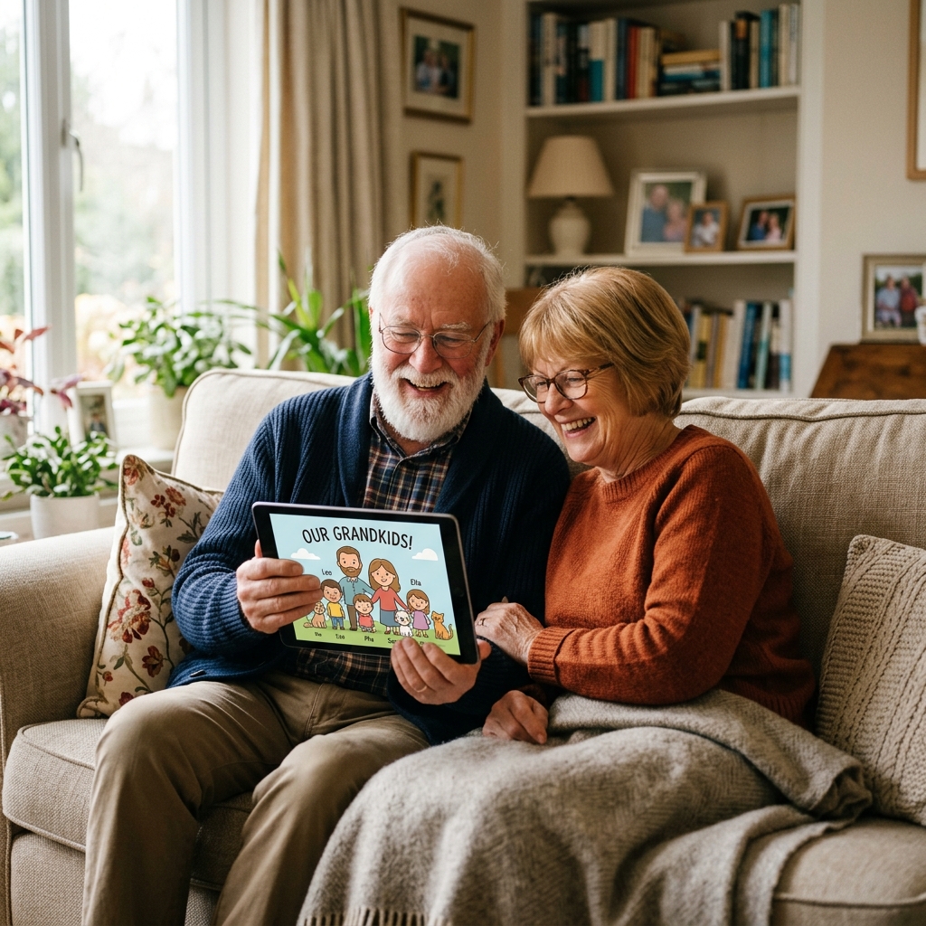 Grandparents enjoying personalized visual stories together on a tablet