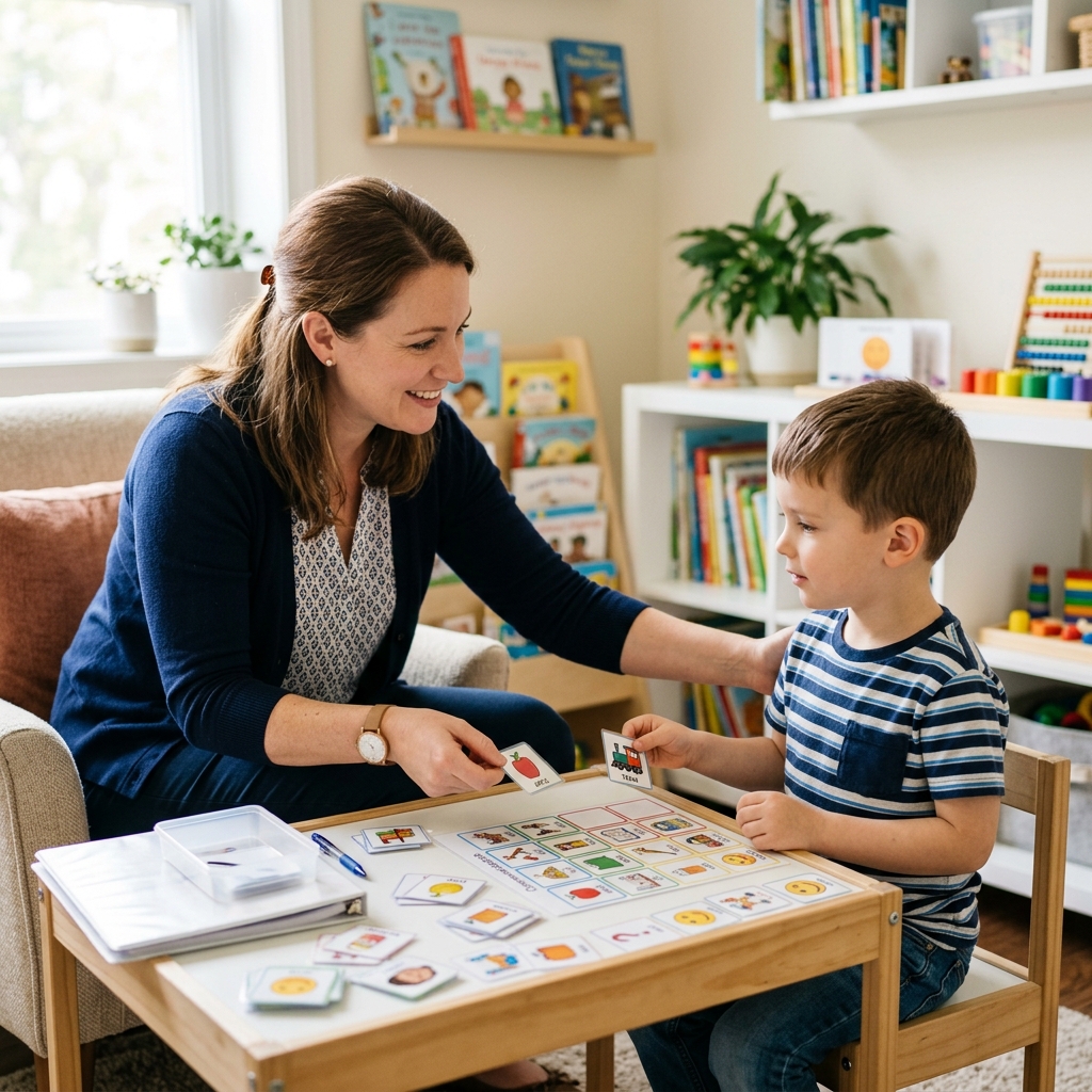 Therapist working with a child using visual cards